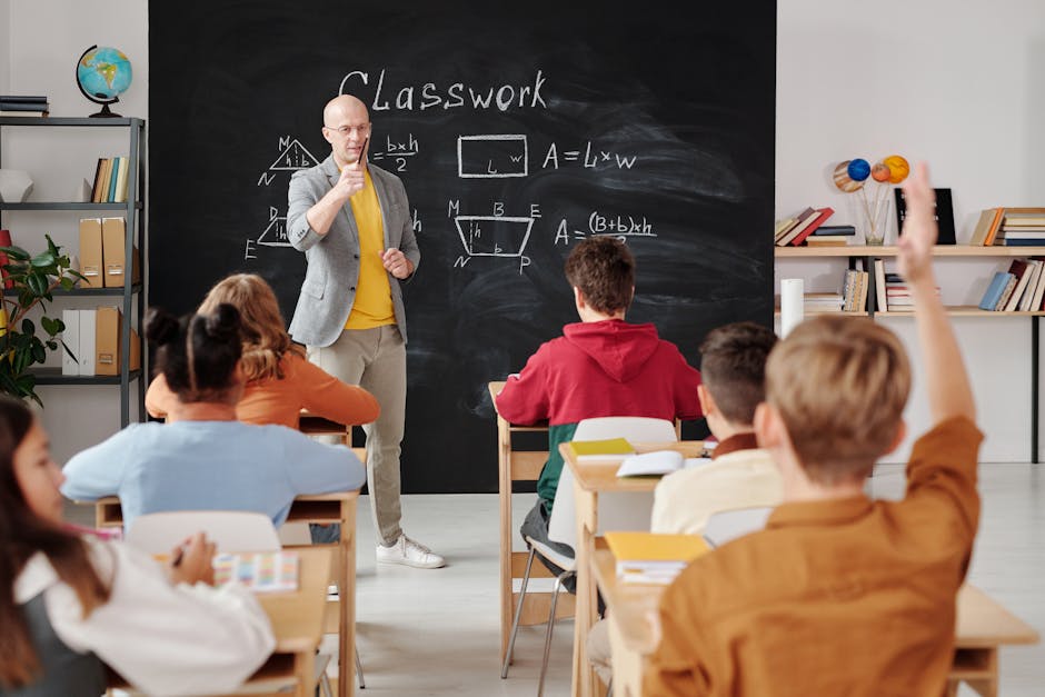 Teacher explaining geometry as students engage in a modern classroom setting